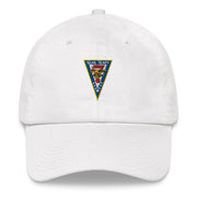 A white Seal Team 7 Hat with the logo on the front.  The hat has a curved visor and an adjustable strap at the back.