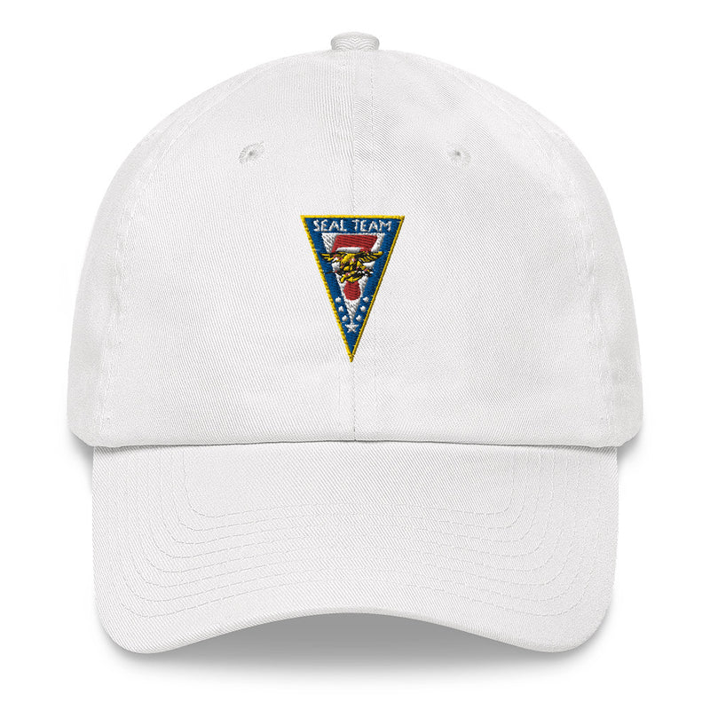A white Seal Team 7 Hat with the logo on the front.  The hat has a curved visor and an adjustable strap at the back.