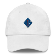A white 1st Marine Division Hat with the logo on the front.  The hat has a curved visor and an adjustable strap at the back.
