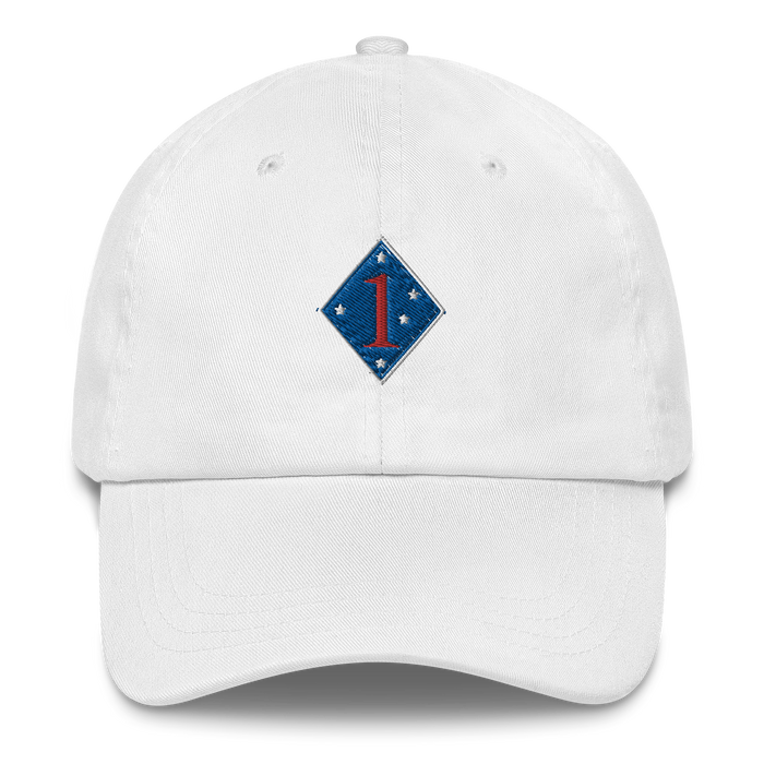 A white 1st Marine Division Hat with the logo on the front.  The hat has a curved visor and an adjustable strap at the back.
