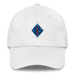 A white 1st Marine Division Hat with the logo on the front.  The hat has a curved visor and an adjustable strap at the back.
