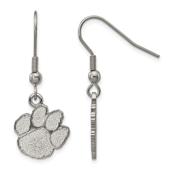 Stainless Steel LogoArt Clemson University Tiger Paw Dangle Wire Earrings