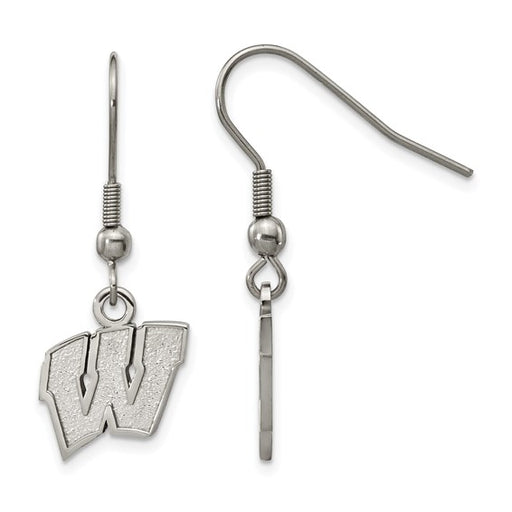Stainless Steel LogoArt University of Wisconsin Letter W Dangle Wire Earrings