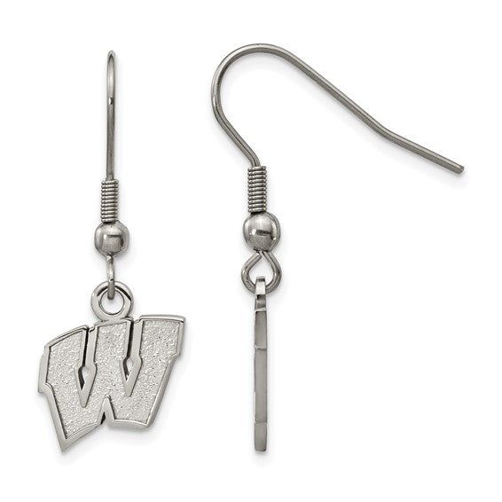 Stainless Steel LogoArt University of Wisconsin Letter W Dangle Wire Earrings