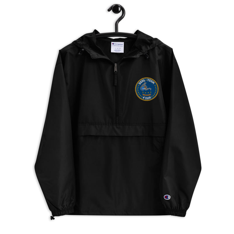 Navy Seal Team 4 Black Champion packable jacket with a detailed embroidered logo