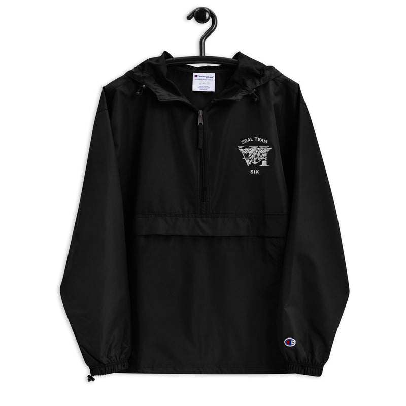 Navy Seal Team 6 Black Champion packable jacket with a detailed embroidered logo