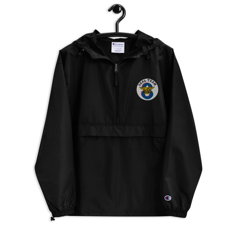 Navy Seal Team 8 Black Champion packable jacket with a detailed embroidered logo