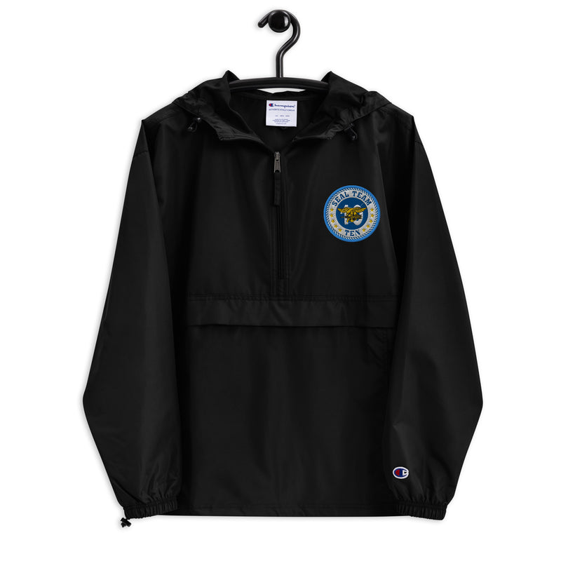 Navy Seal Team 10 Navy Champion packable jacket with a detailed embroidered logo