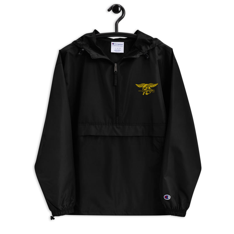 Navy Seals Black Champion packable jacket with a detailed embroidered logo