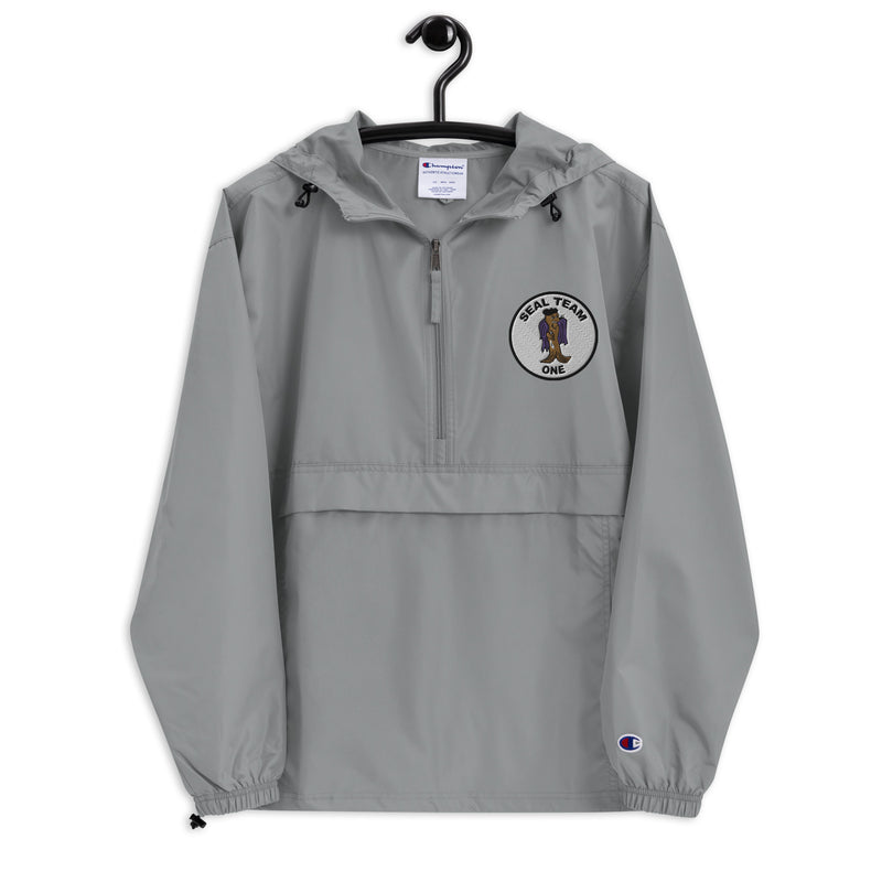 Navy Seal Team 1 Graphite Champion packable jacket with a detailed embroidered logo