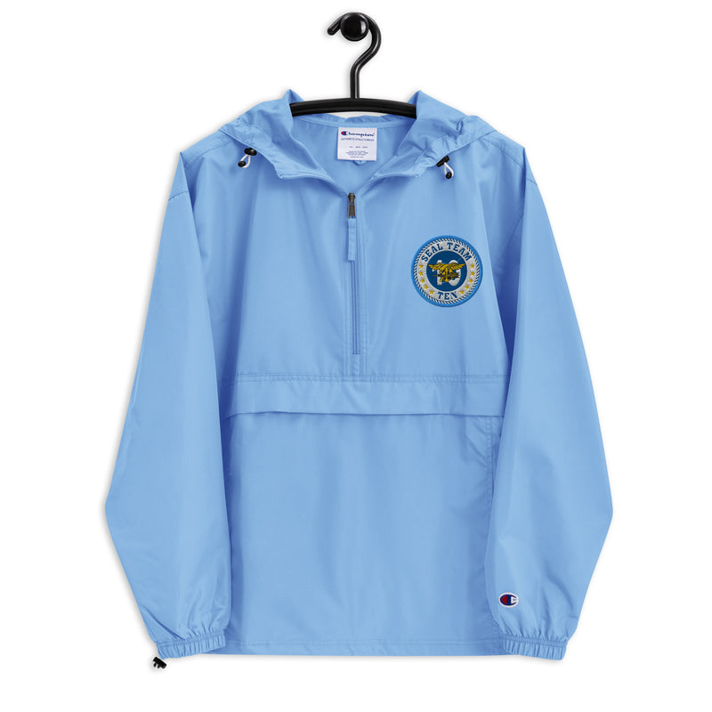 Navy Seal Team 10 Light Blue Champion packable jacket with a detailed embroidered logo