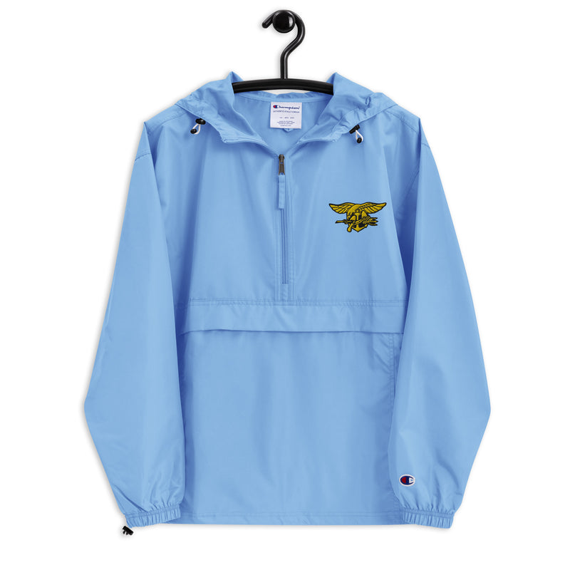 Navy Seals Light Blue Champion packable jacket with a detailed embroidered logo