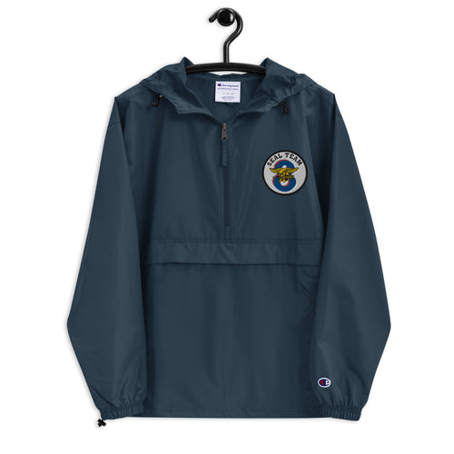 Navy Seal Team 8 Navy Champion packable jacket with a detailed embroidered logo