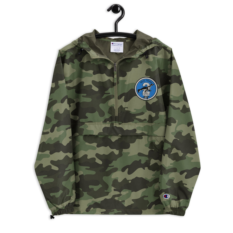 Navy Seal Team 2 Green Camouflage Champion packable jacket with a detailed embroidered logo