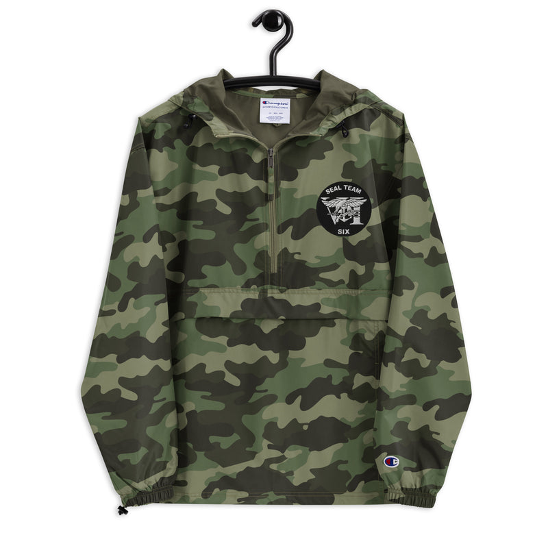 Navy Seal Team 6 Green Camouflage Champion packable jacket with a detailed embroidered logo