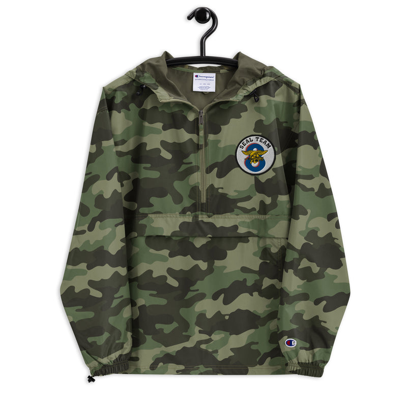 Navy Seal Team 8 Green Camouflage Champion packable jacket with a detailed embroidered logo