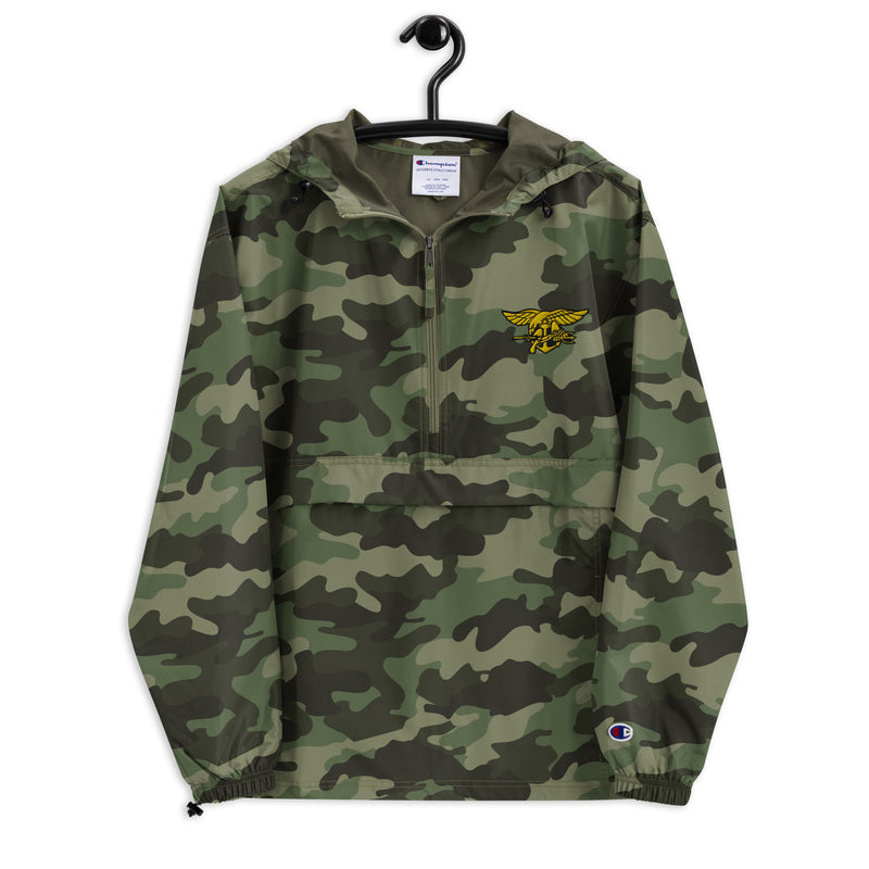 Navy Seals Green Camouflage Champion packable jacket with a detailed embroidered logo