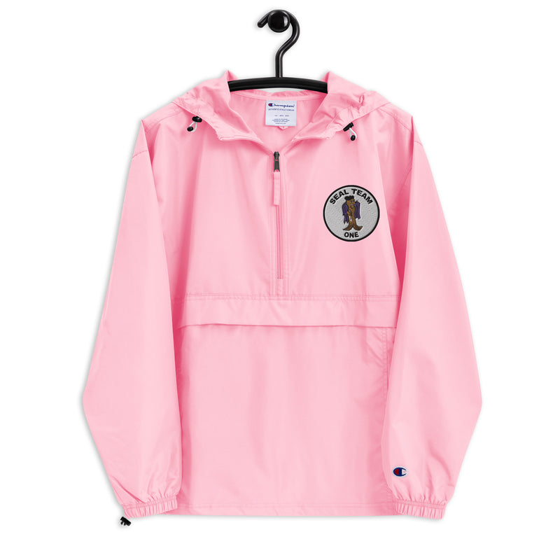 Navy Seal Team 1 Pink Champion packable jacket with a detailed embroidered logo