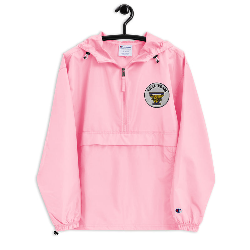 Navy Seal Team 5 Pink Champion packable jacket with a detailed embroidered logo