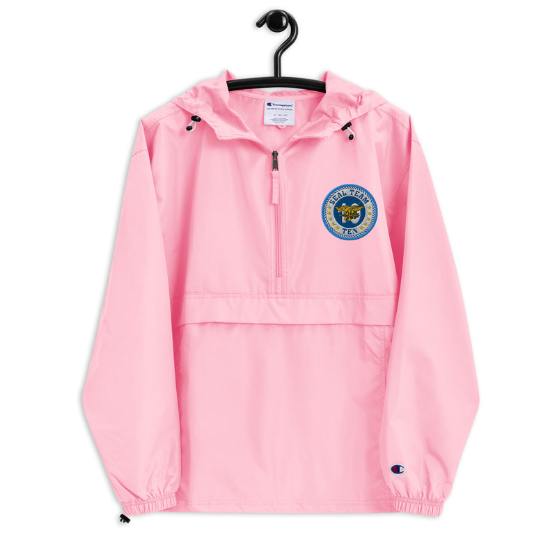 Navy Seal Team 10 Pink Champion packable jacket with a detailed embroidered logo