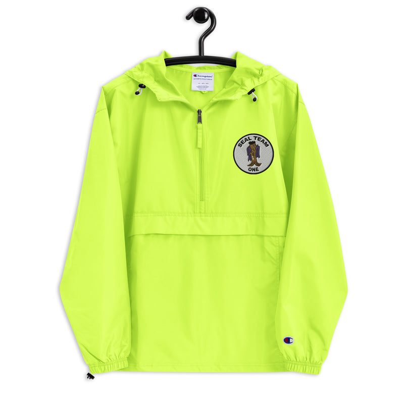 Navy Seal Team 1 Safety Green Champion packable jacket with a detailed embroidered logo