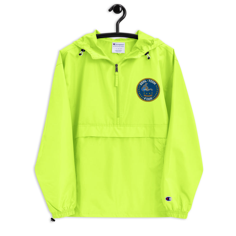 Navy Seal Team 4 Safety Green Champion packable jacket with a detailed embroidered logo