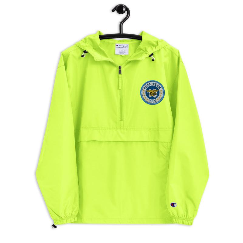 Navy Seal Team 10 Safety Green Champion packable jacket with a detailed embroidered logo