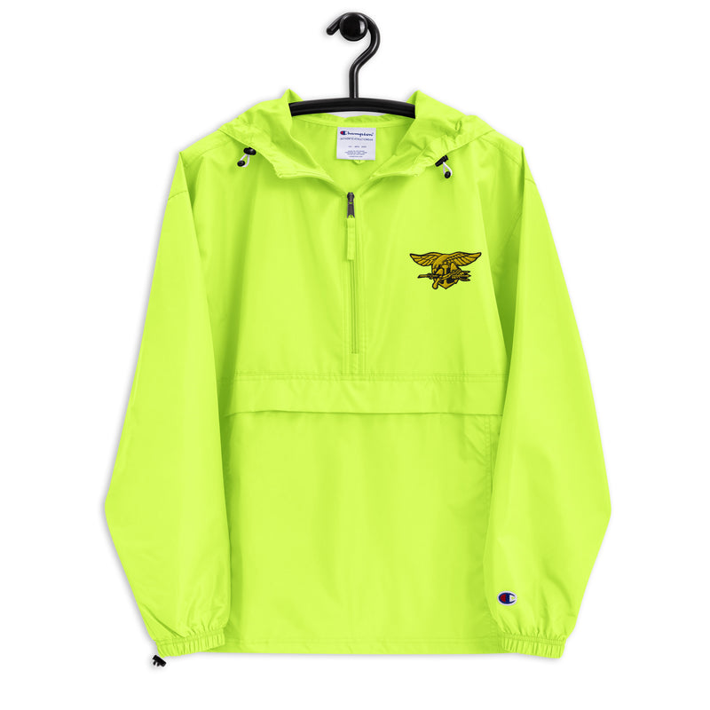 Navy Seals Safety Green Champion packable jacket with a detailed embroidered logo