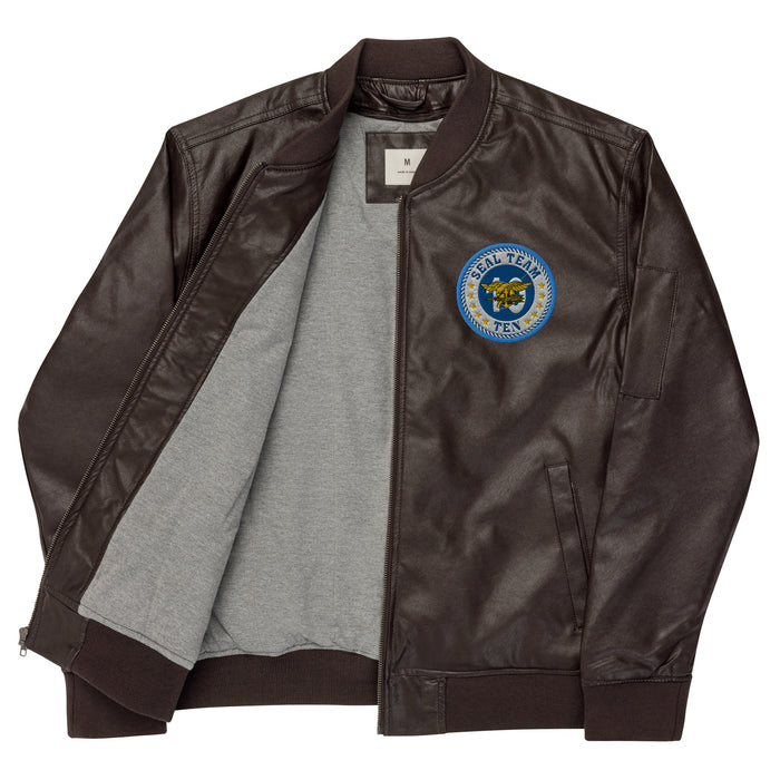 Navy Seal Team 10 Embroidered Leather Bomber Jacket