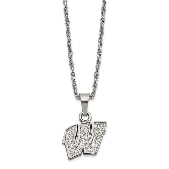 Stainless Steel LogoArt University of Wisconsin Letter W Pendant 18 inch Necklace with 2 inch Extender
