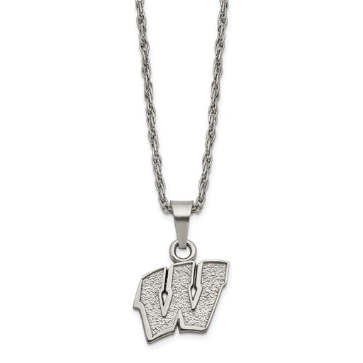 Stainless Steel LogoArt University of Wisconsin Letter W Pendant 18 inch Necklace with 2 inch Extender