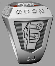 Introducing the 2006 AAU Championship ring—a stunning sterling silver piece showcasing "GOON" engraved on the top panel, a bold stylized "B" with a lightning bolt flanked by two baseballs at the center, and the number 34 at the bottom. This championship ring is an ideal keepsake for any AAU athlete or fan.