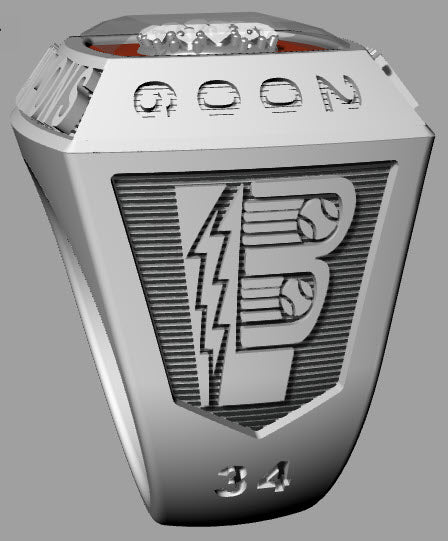 Introducing the 2006 AAU Championship ring—a stunning sterling silver piece showcasing "GOON" engraved on the top panel, a bold stylized "B" with a lightning bolt flanked by two baseballs at the center, and the number 34 at the bottom. This championship ring is an ideal keepsake for any AAU athlete or fan.