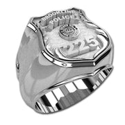 Introducing the "Police Ring - M216 Style," a sterling silver ring featuring an engraved shield design. The top is adorned with "Brookline Police," showcasing "225" and a New Hampshire emblem in the center. This department badge ring shines with a polished finish.
