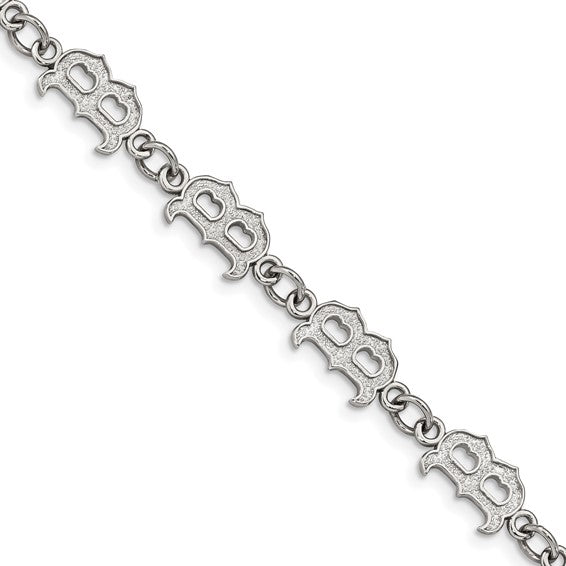 The Stainless Steel Major League Baseball LogoArt Boston Red Sox Bracelet features repeating logo charms and a 2-inch extender—perfect as a stylish accessory, displayed diagonally across a white background.