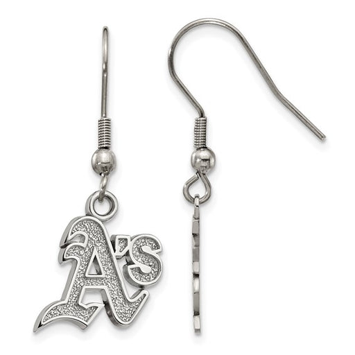 Showcase your Oakland Athletics pride with these stainless steel LogoArt dangle earrings, featuring the stylized "A's" logo. Officially licensed Major League Baseball merchandise. One earring shown front-facing, the other from the side.