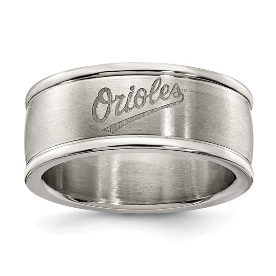 BALTIMORE ORIOLES STAINLESS STEEL LOGO BAND RING SIZE 8