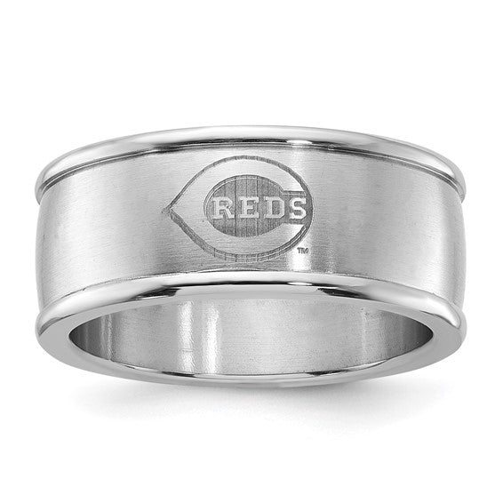The Stainless Steel Cincinnati Reds MLB Ring features a silver stainless steel wide band with a brushed finish and the engraved logo of the baseball team.