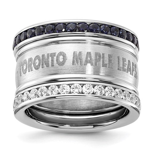 Stainless Steel NHL Toronto Maple Leafs Blue & Clear Crystal Triple Ring Set