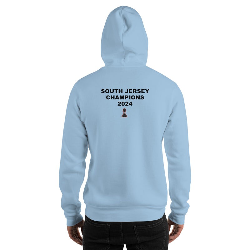 A person is standing with their back to the camera, wearing a Chess Championship light blue Hoodie. "South Jersey Champions 2024" is printed on the back. Below the text  is an image of a chess rook.