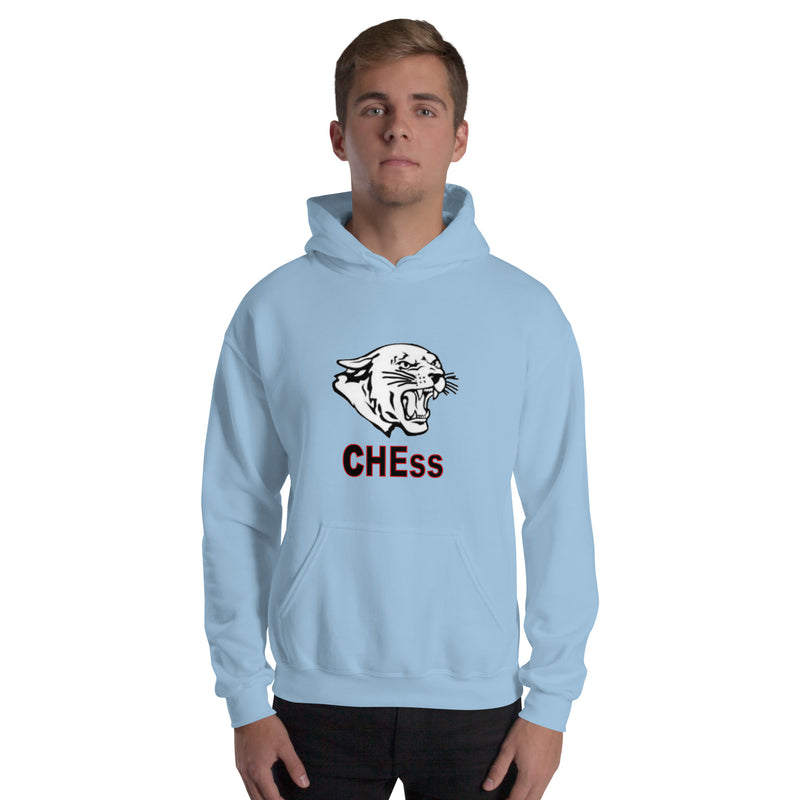 A young man stands wearing a Chess Championship Hoodie - a light blue pre-shrunk cotton and polyester blend featuring a double-lined hood. 