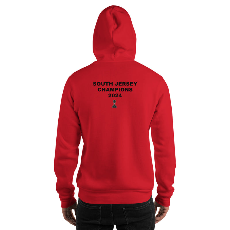 A person is standing with their back to the camera, wearing a Chess Championship red Hoodie. "South Jersey Champions 2024" is printed on the back. Below the text  is an image of a chess rook.