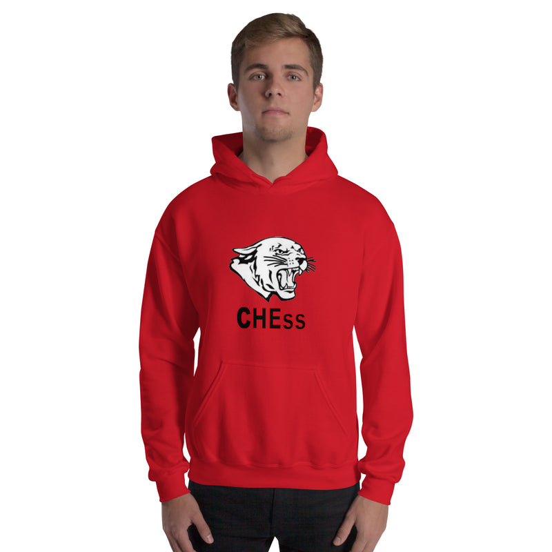 A young man stands wearing a Chess Championship Hoodie - a red pre-shrunk cotton and polyester blend featuring a double-lined hood. 