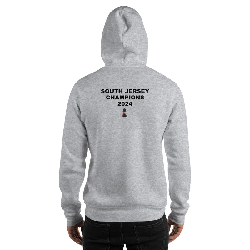A person is standing with their back to the camera, wearing a Chess Championship gray Hoodie. "South Jersey Champions 2024" is printed on the back. Below the text  is an image of a chess rook.