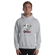 A young man stands wearing a Chess Championship Hoodie - a gray pre-shrunk cotton and polyester blend featuring a double-lined hood. 