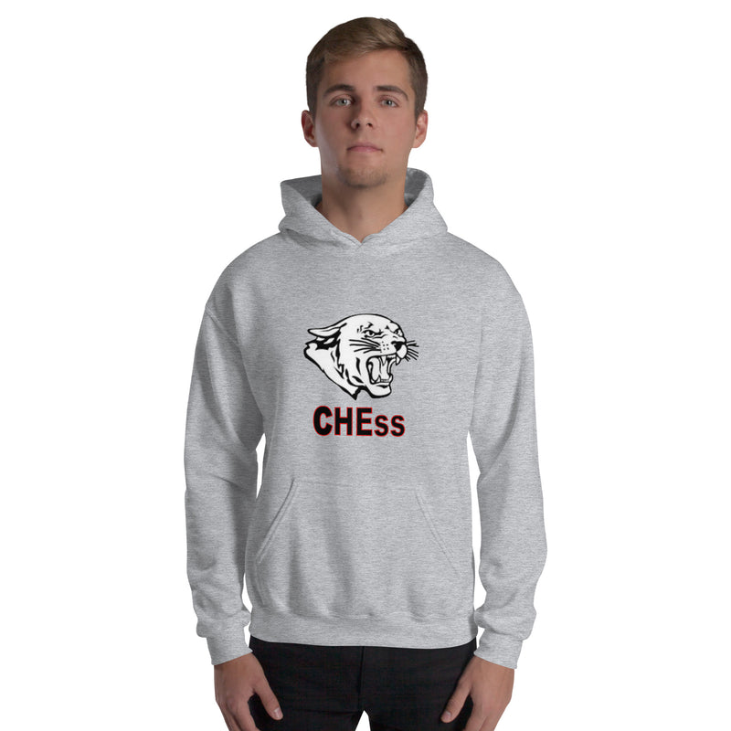 A young man stands wearing a Chess Championship Hoodie - a gray pre-shrunk cotton and polyester blend featuring a double-lined hood. 