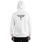 A person is standing with their back to the camera, wearing a Chess Championship white Hoodie. "South Jersey Champions 2024" is printed on the back. Below the text  is an image of a chess rook.