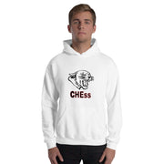 A young man stands wearing a Chess Championship Hoodie - a white pre-shrunk cotton and polyester blend featuring a double-lined hood. 