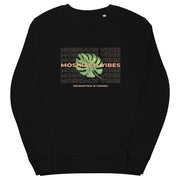 Unisex organic black sweatshirt with "MOSHIACH VIBES" logo.