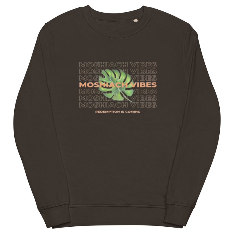 Unisex organic grey sweatshirt with "MOSHIACH VIBES" logo.
